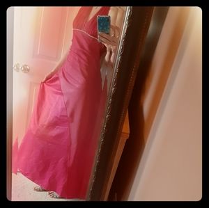 V Neck And High Tie Pink Prom Dress
